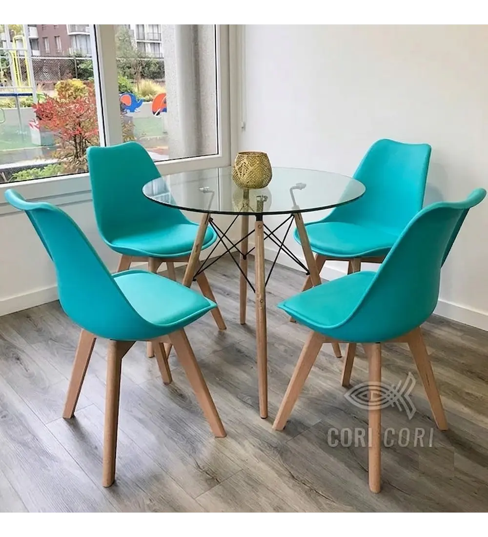 Comedor Mesa Eames Vidrio 80cms + 4 Sillas Tulip