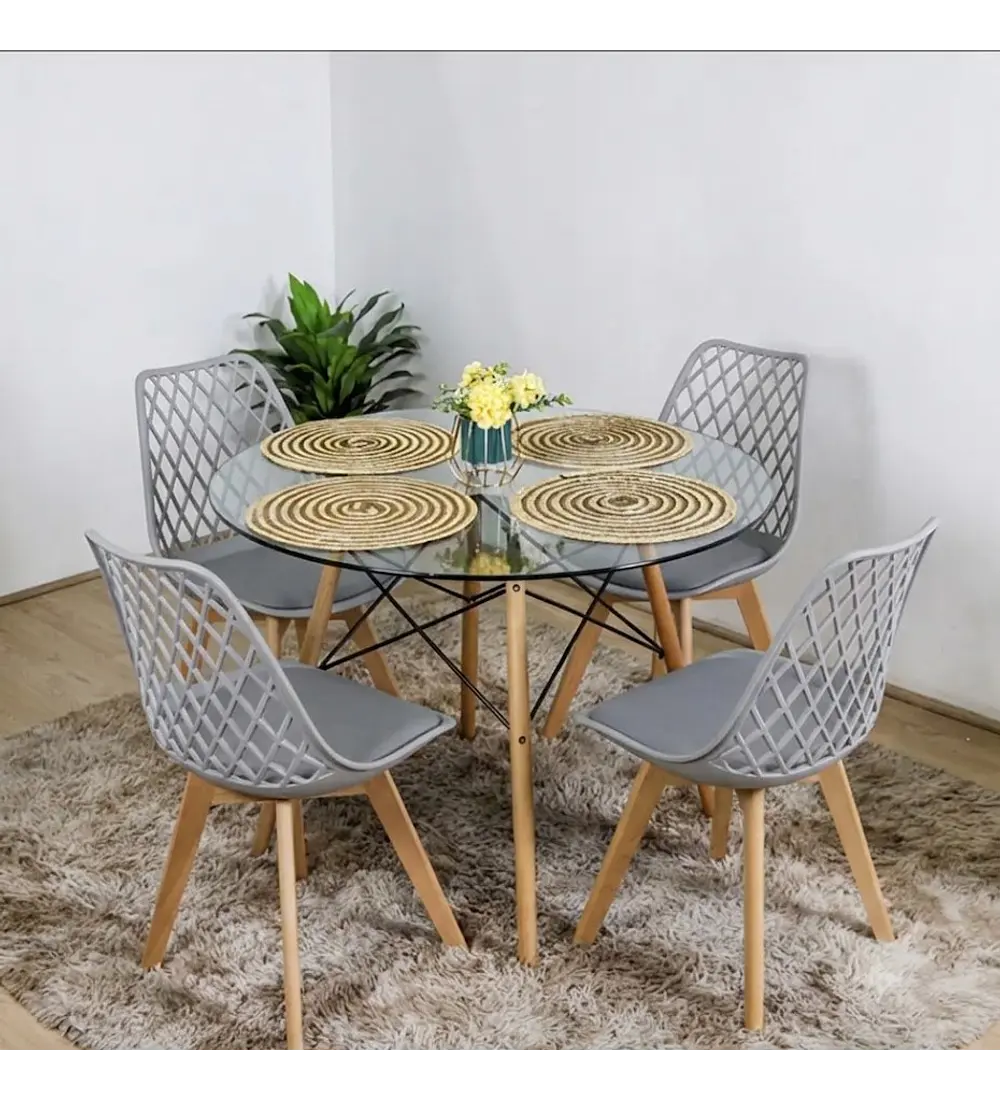 Comedor Eames Vidrio 100 cms + 4 Sillas Tulip Mesh