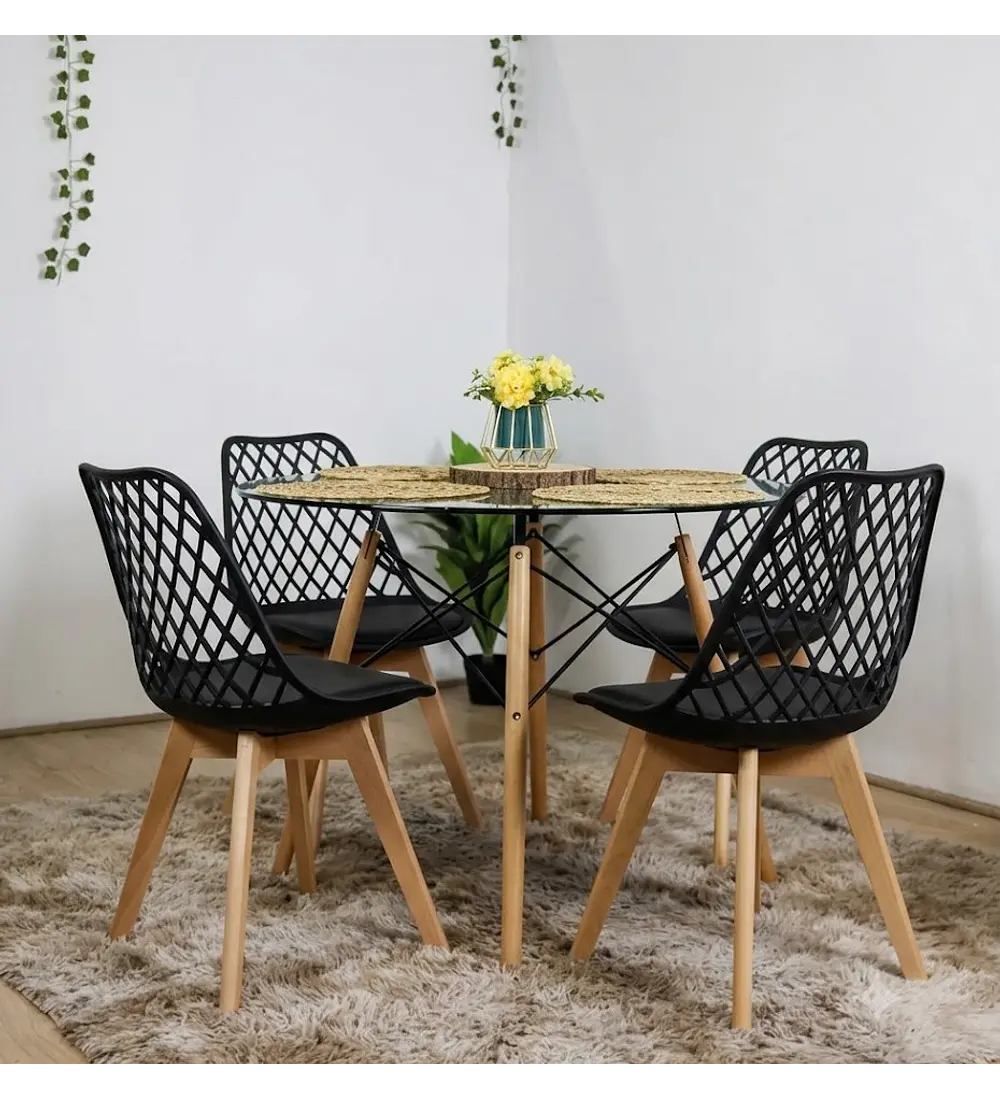 Comedor Eames Vidrio 100 cms + 4 Sillas Tulip Mesh