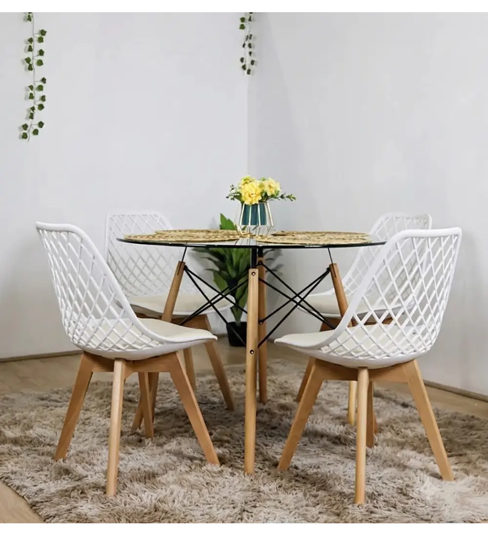 Comedor Eames Vidrio 100 cms + 4 Sillas Tulip Mesh