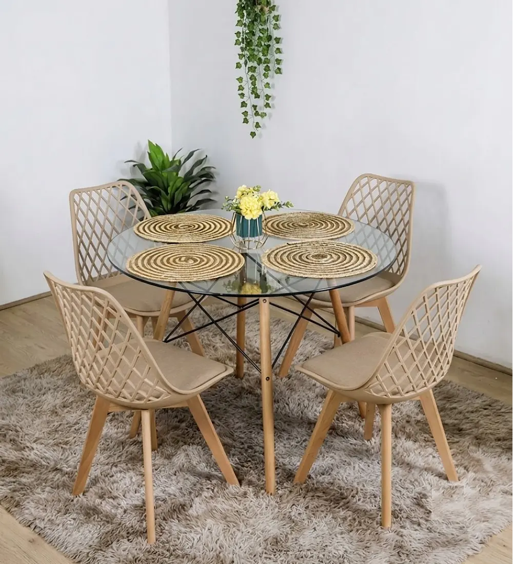 Comedor Eames Vidrio 100 cms + 4 Sillas Tulip Mesh