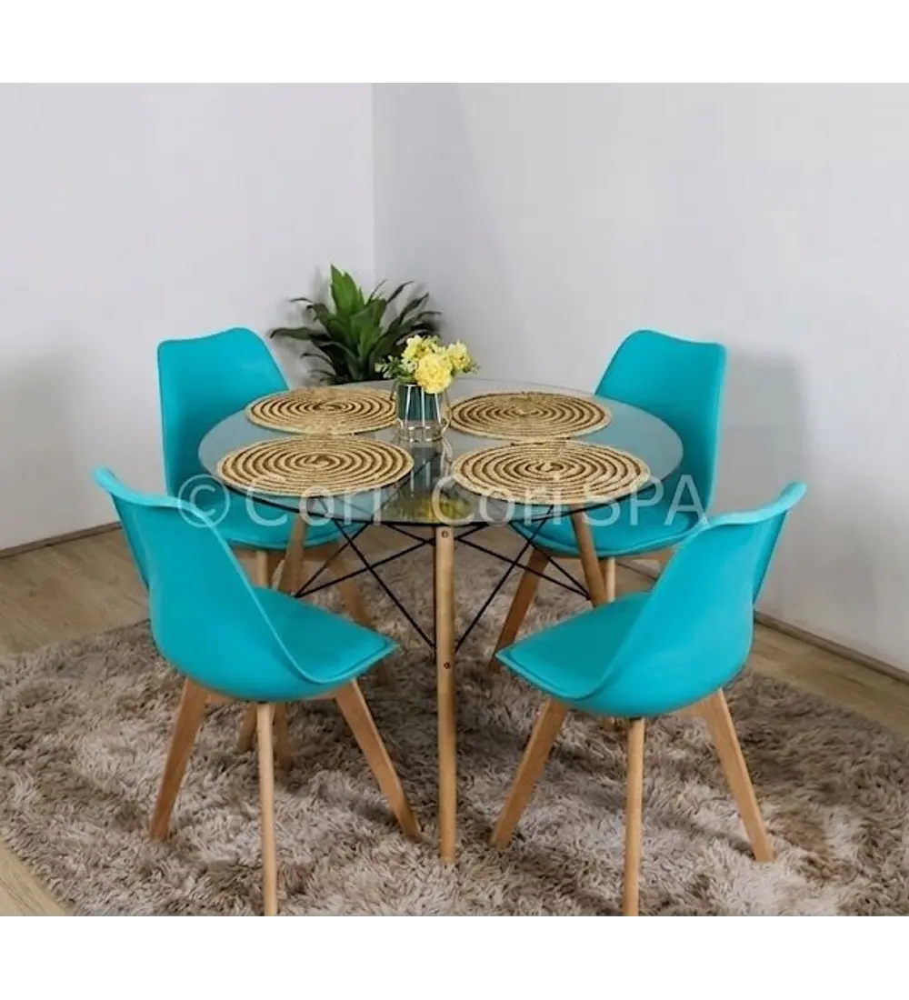 Comedor Mesa Eames Vidrio 80cms + 4 Sillas Tulip