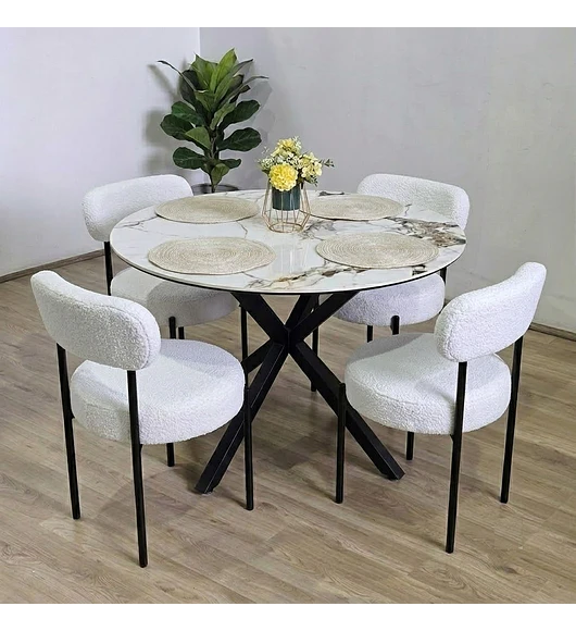 Mesa Warwick Stone Black + 4 Sillas Elara Boucle 
