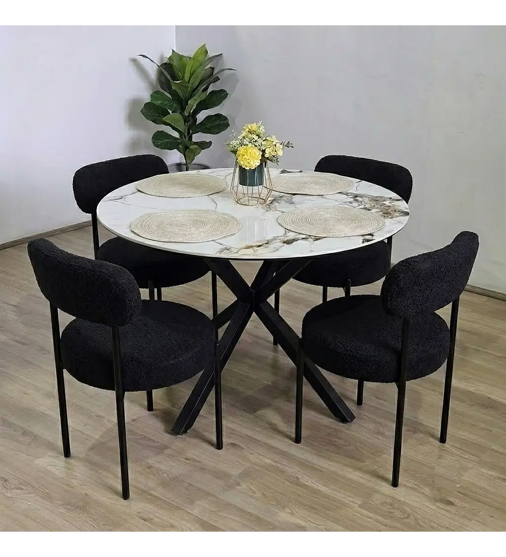 Mesa Warwick Stone Black + 4 Sillas Elara Boucle 