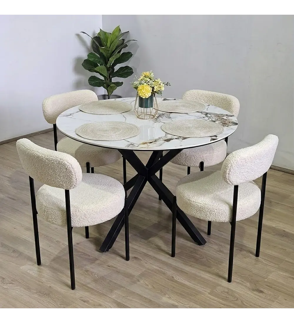 Mesa Warwick Stone Black + 4 Sillas Elara Boucle 