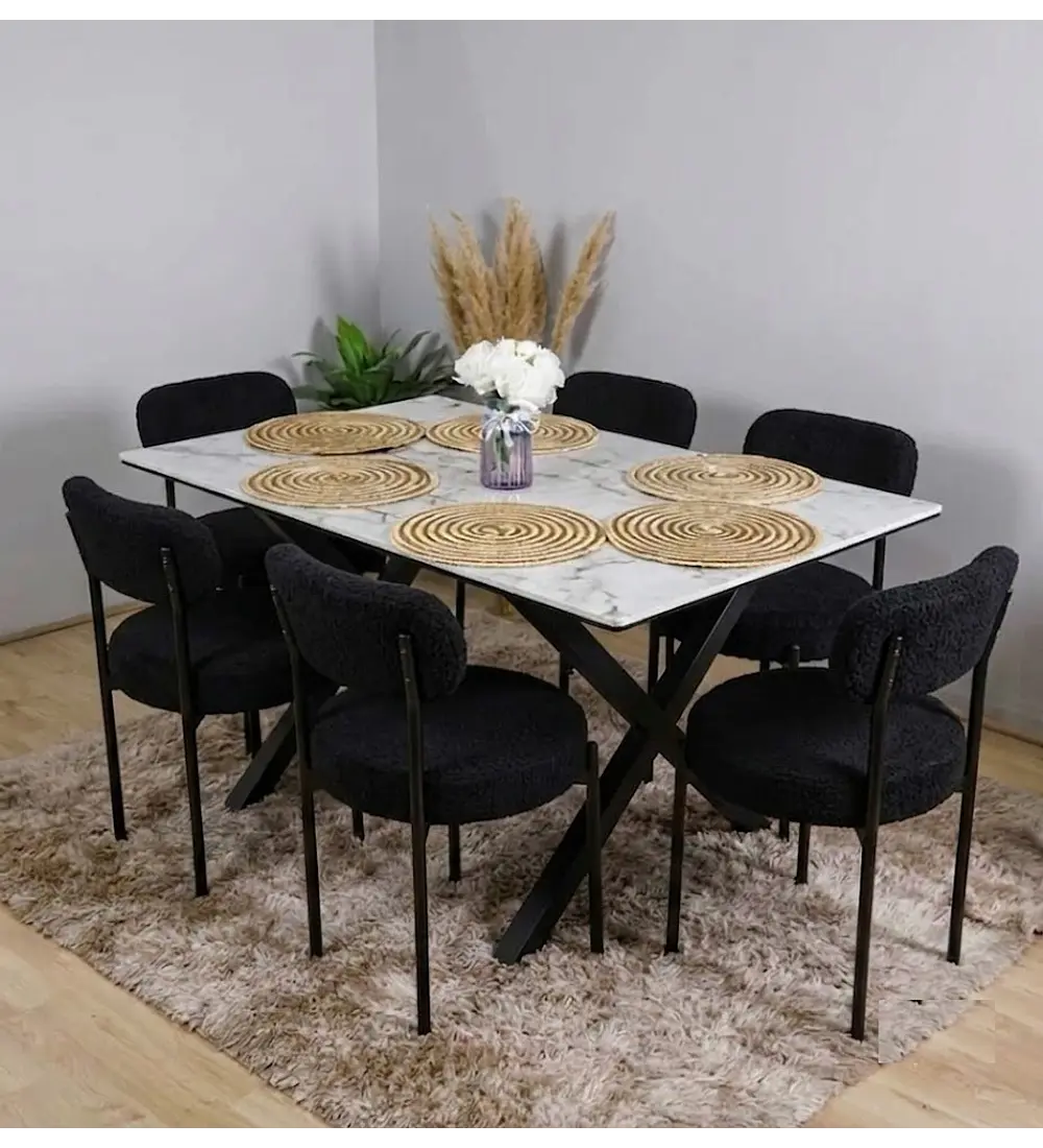 Mesa Madrid Stone Black + 6 Sillas Elara Boucle 