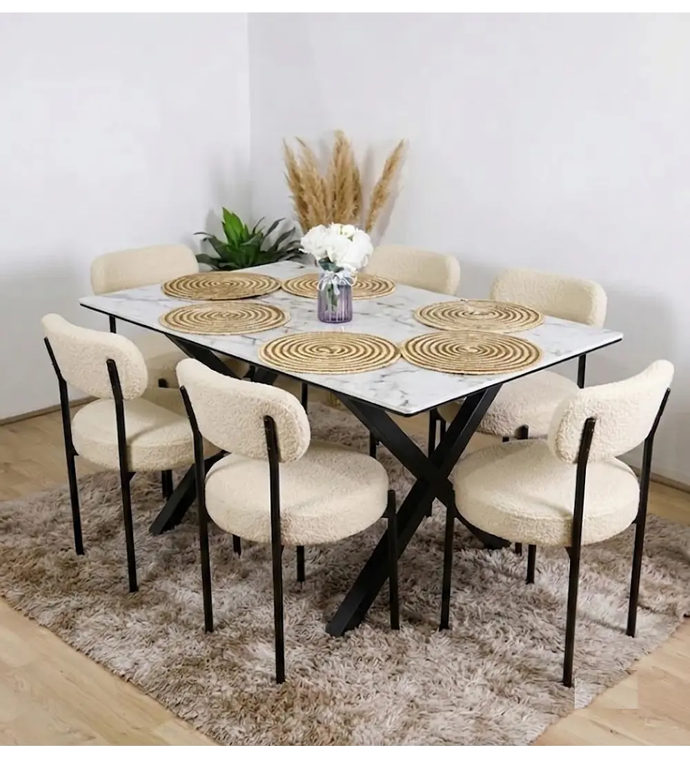 Mesa Madrid Stone Black + 6 Sillas Elara Boucle 