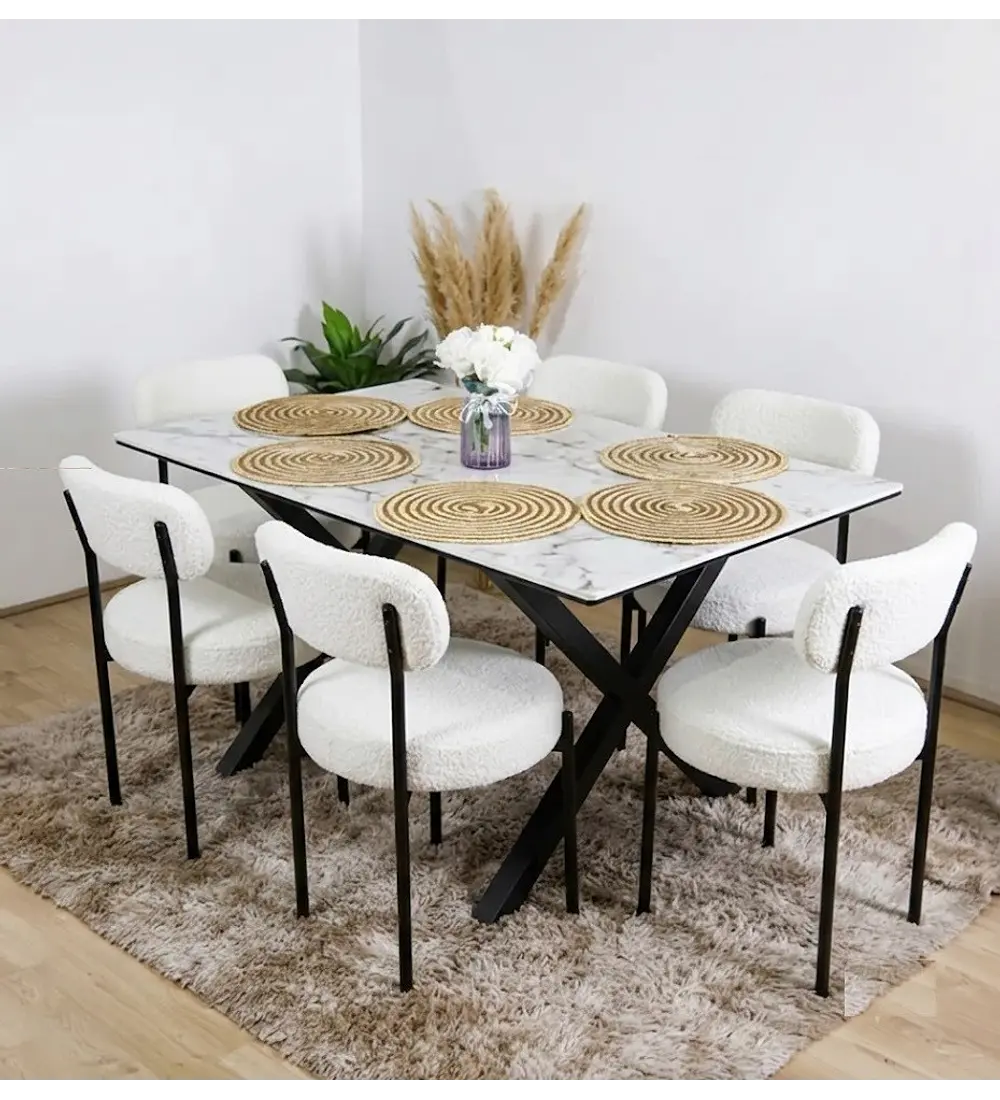 Mesa Madrid Stone Black + 6 Sillas Elara Boucle 