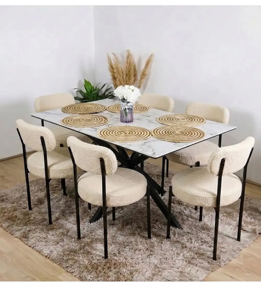 Mesa Madrid Stone Black + 6 Sillas Elara Boucle 