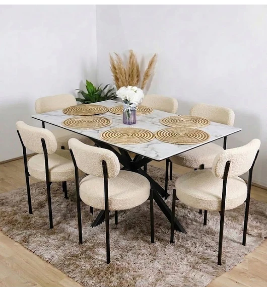 Mesa Madrid Stone Black + 6 Sillas Elara Boucle 