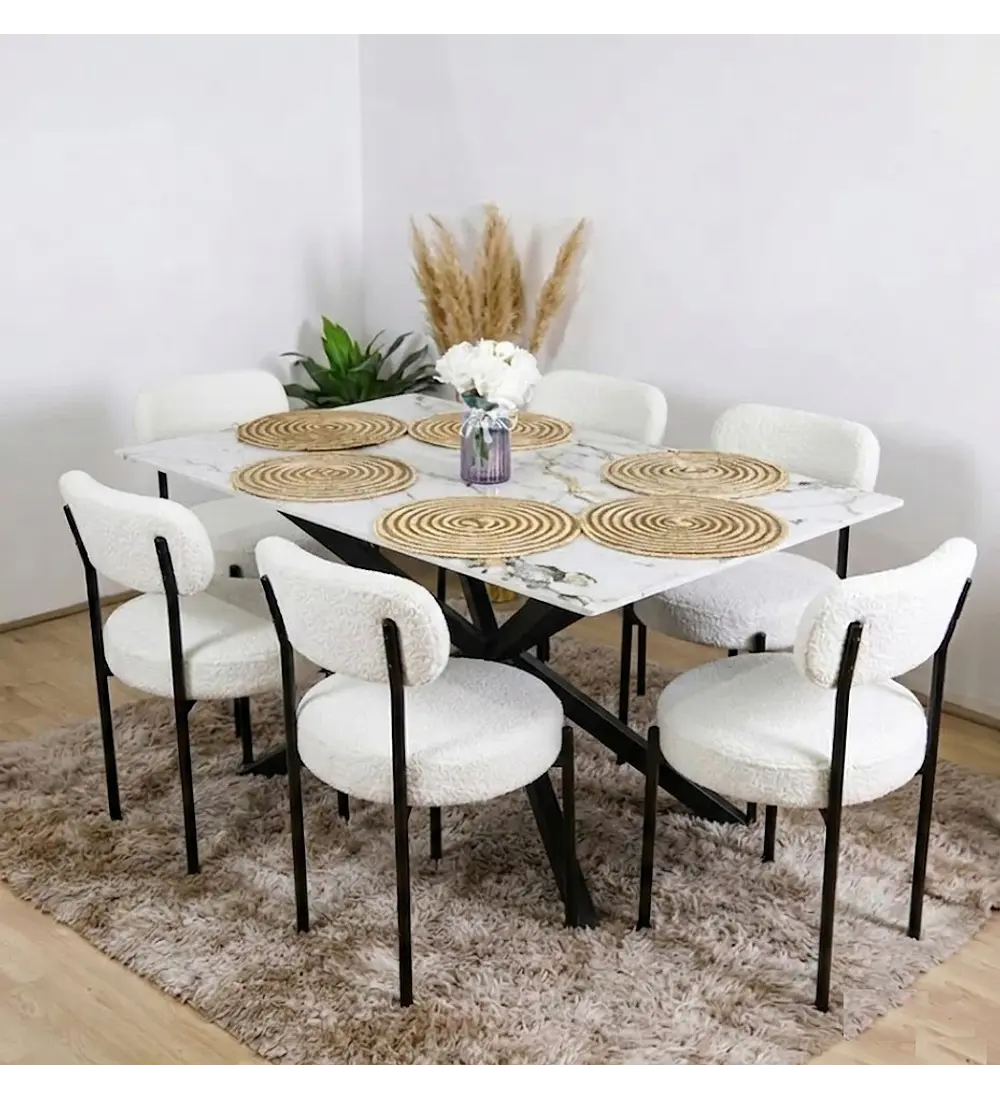 Mesa Madrid Stone Black + 6 Sillas Elara Boucle 
