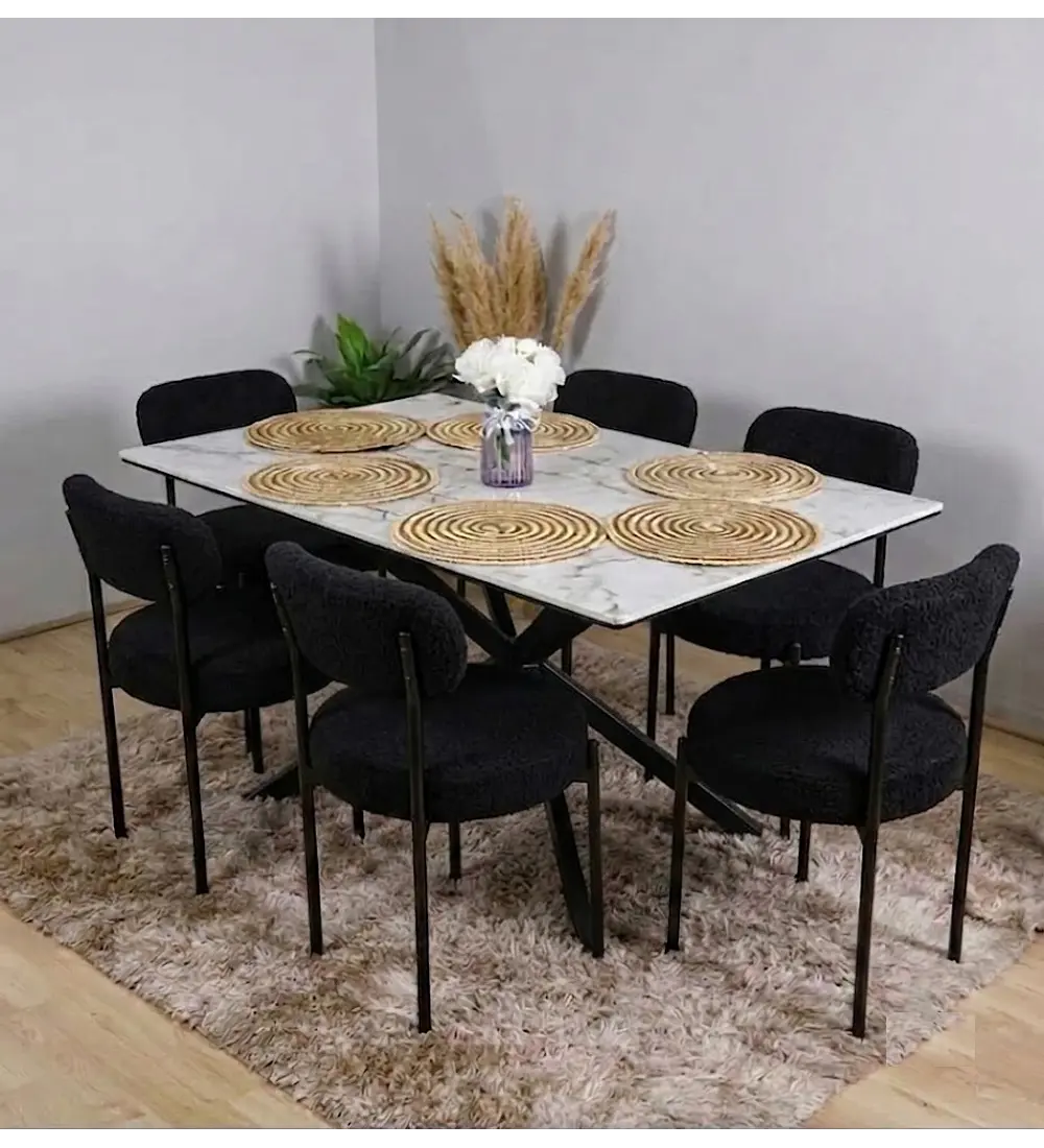 Mesa Madrid Stone Black + 6 Sillas Elara Boucle 