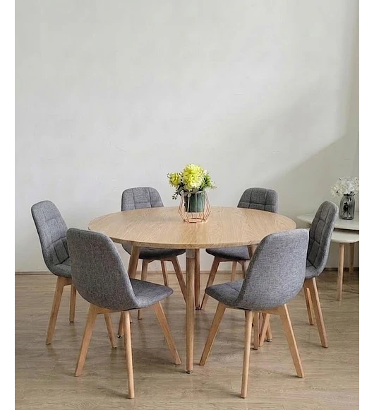 Comedor Aura Wood 120cms + 6 Sillas Capitonne Lino