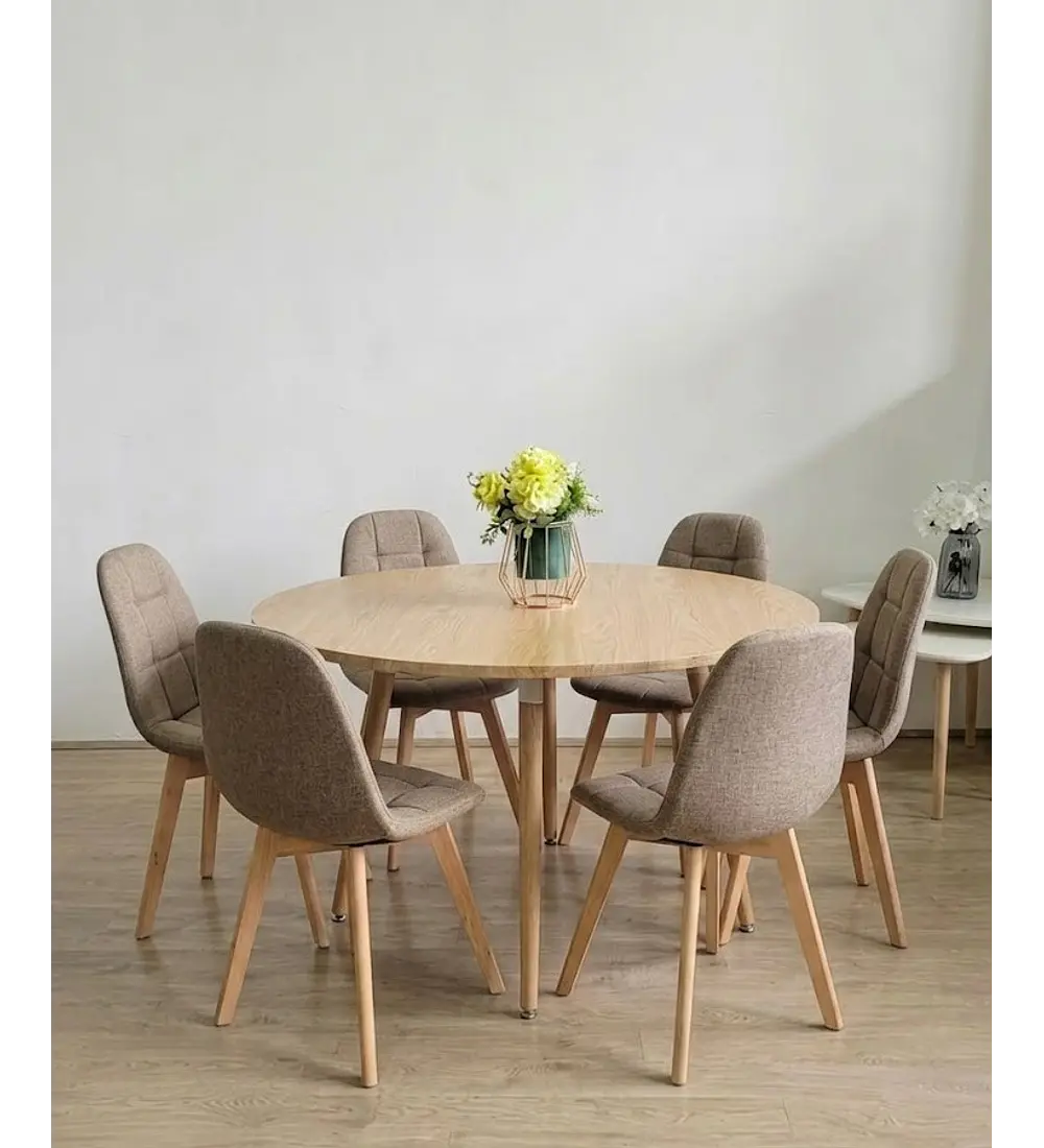 Comedor Aura Wood 120cms + 6 Sillas Capitonne Lino