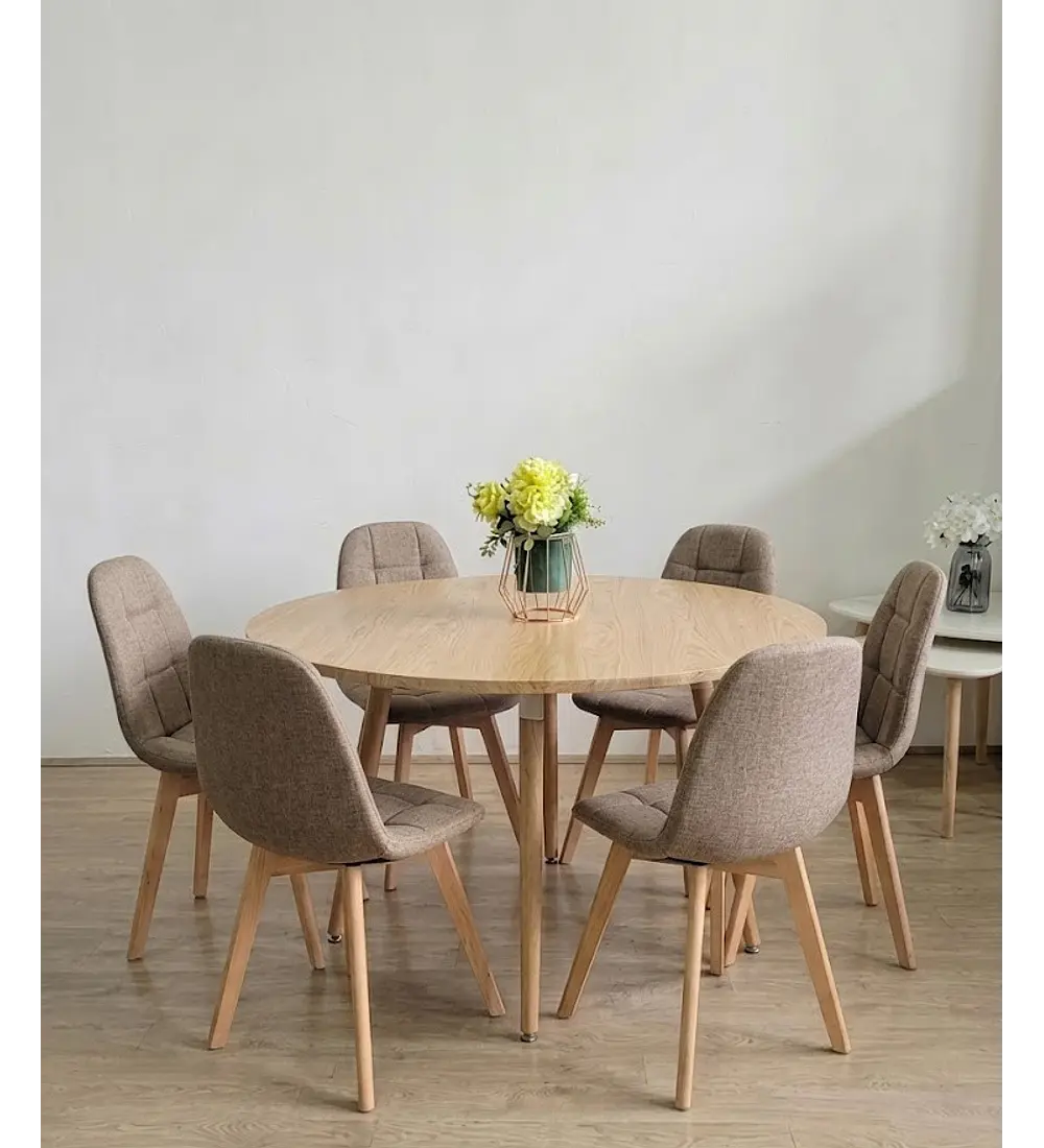 Comedor Aura Wood 120cms + 6 Sillas Capitonne Lino
