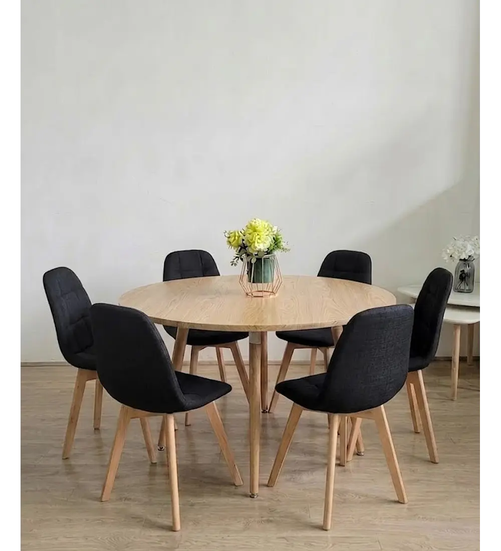 Comedor Aura Wood 120cms + 6 Sillas Capitonne Lino