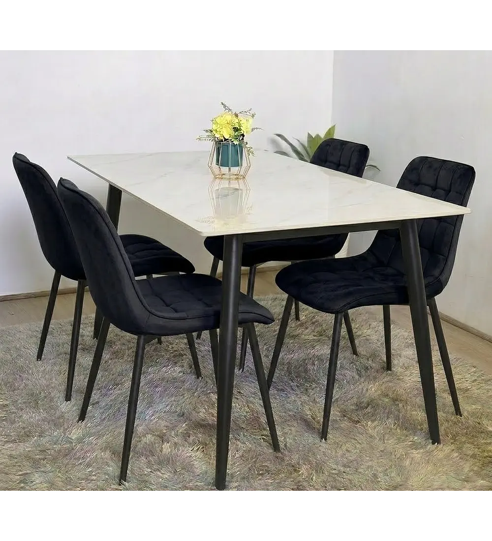 Comedor Mármol Black + 4 Sillas Capitonne Velvet Top Black