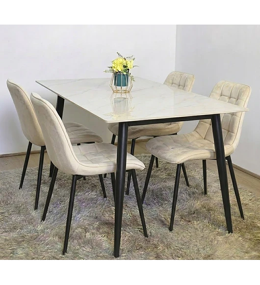 Comedor Mármol Black + 4 Sillas Capitonne Velvet Top Black