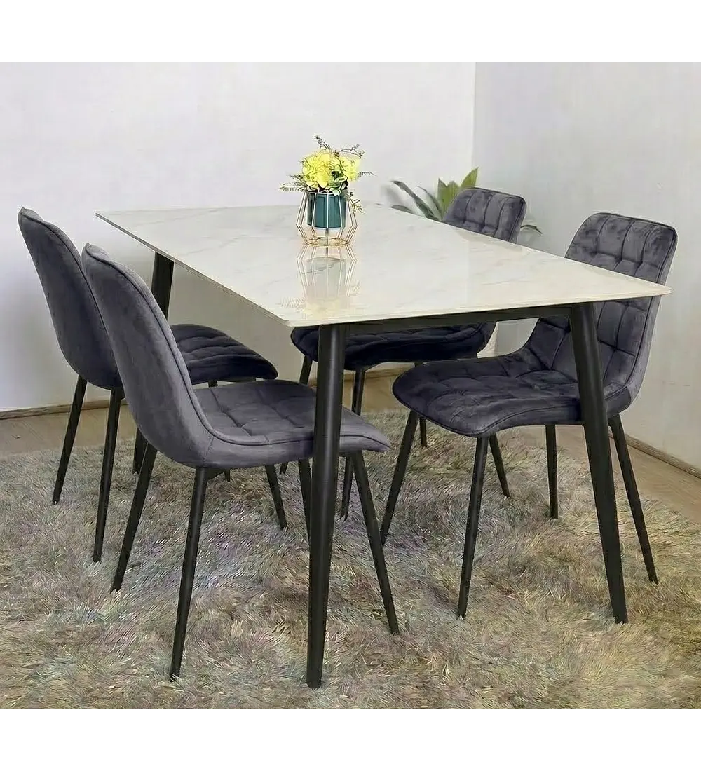 Comedor Mármol Black + 4 Sillas Capitonne Velvet Top Black
