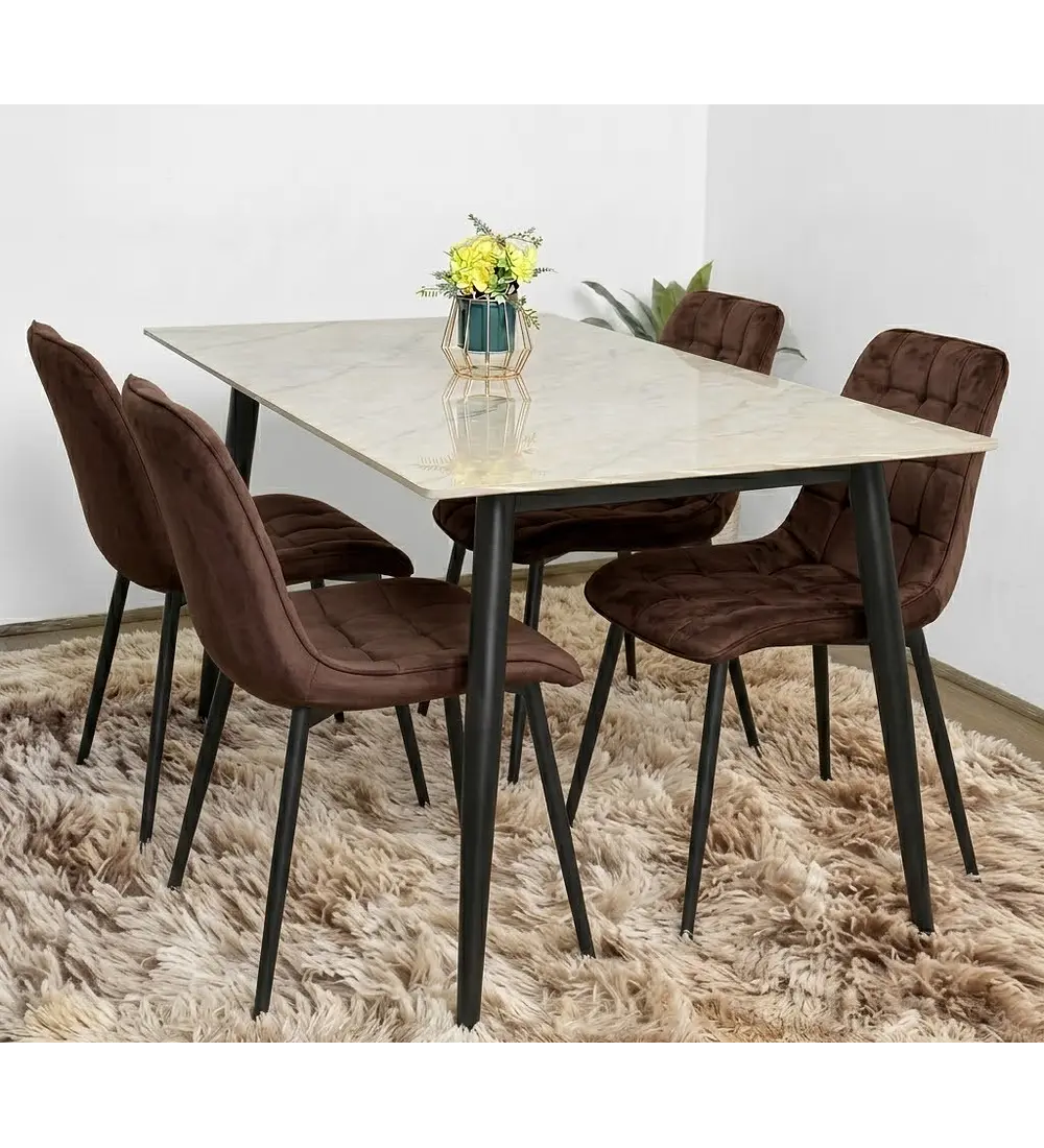 Comedor Mármol Black + 4 Sillas Capitonne Velvet Top Black