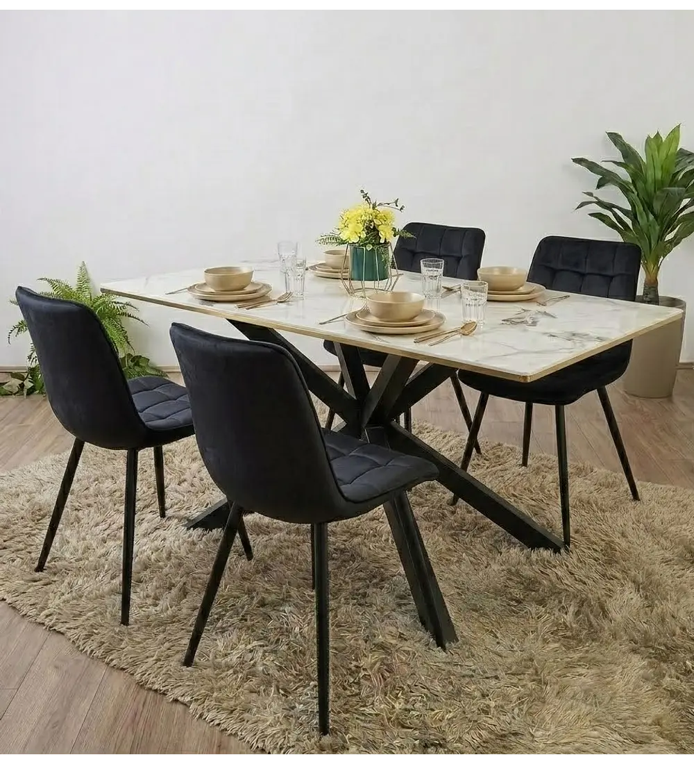 Comedor Madrid Stone Black + 4 Sillas Capitonne Top Velvet Black