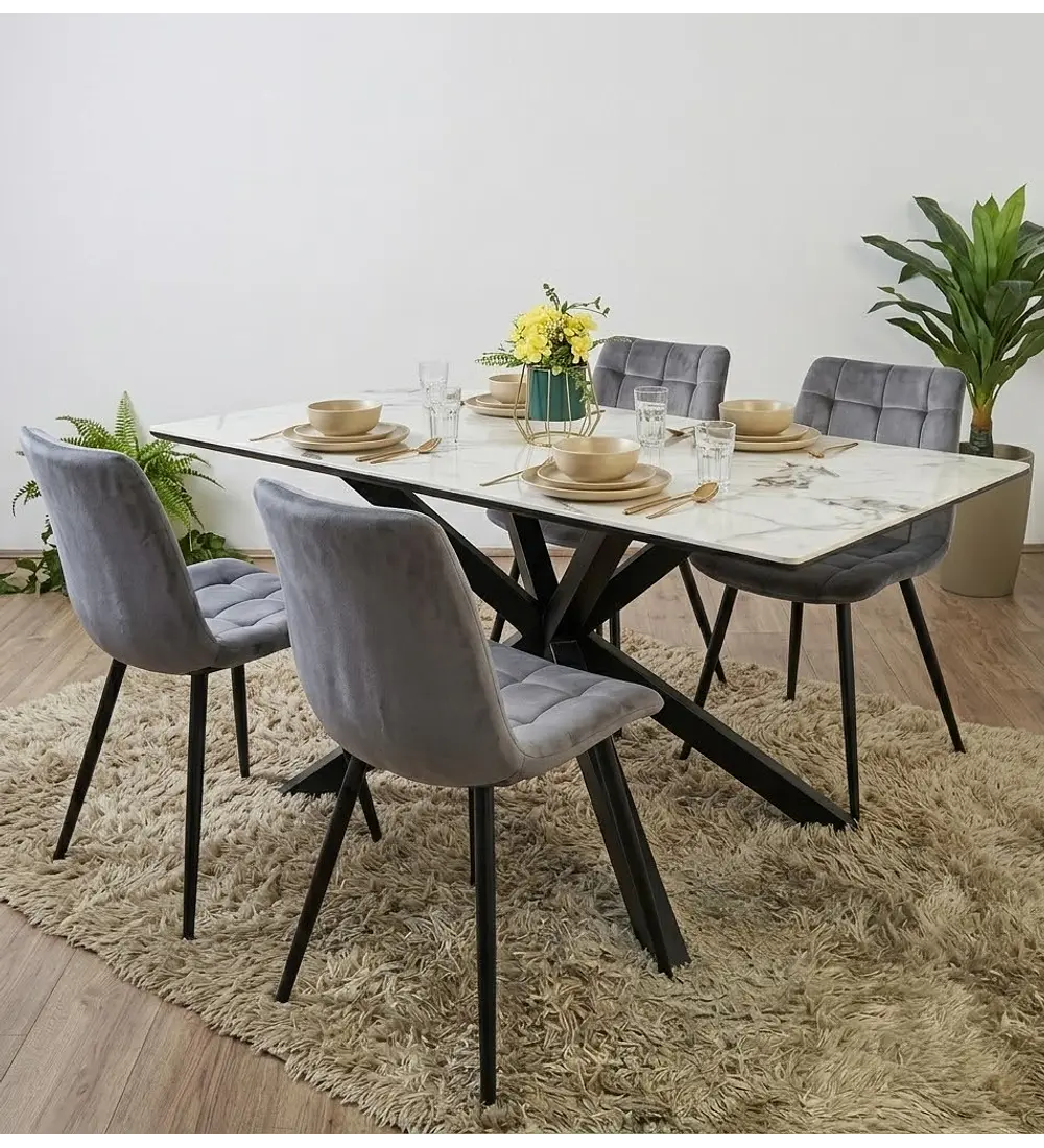 Comedor Madrid Stone Black + 4 Sillas Capitonne Top Velvet Black