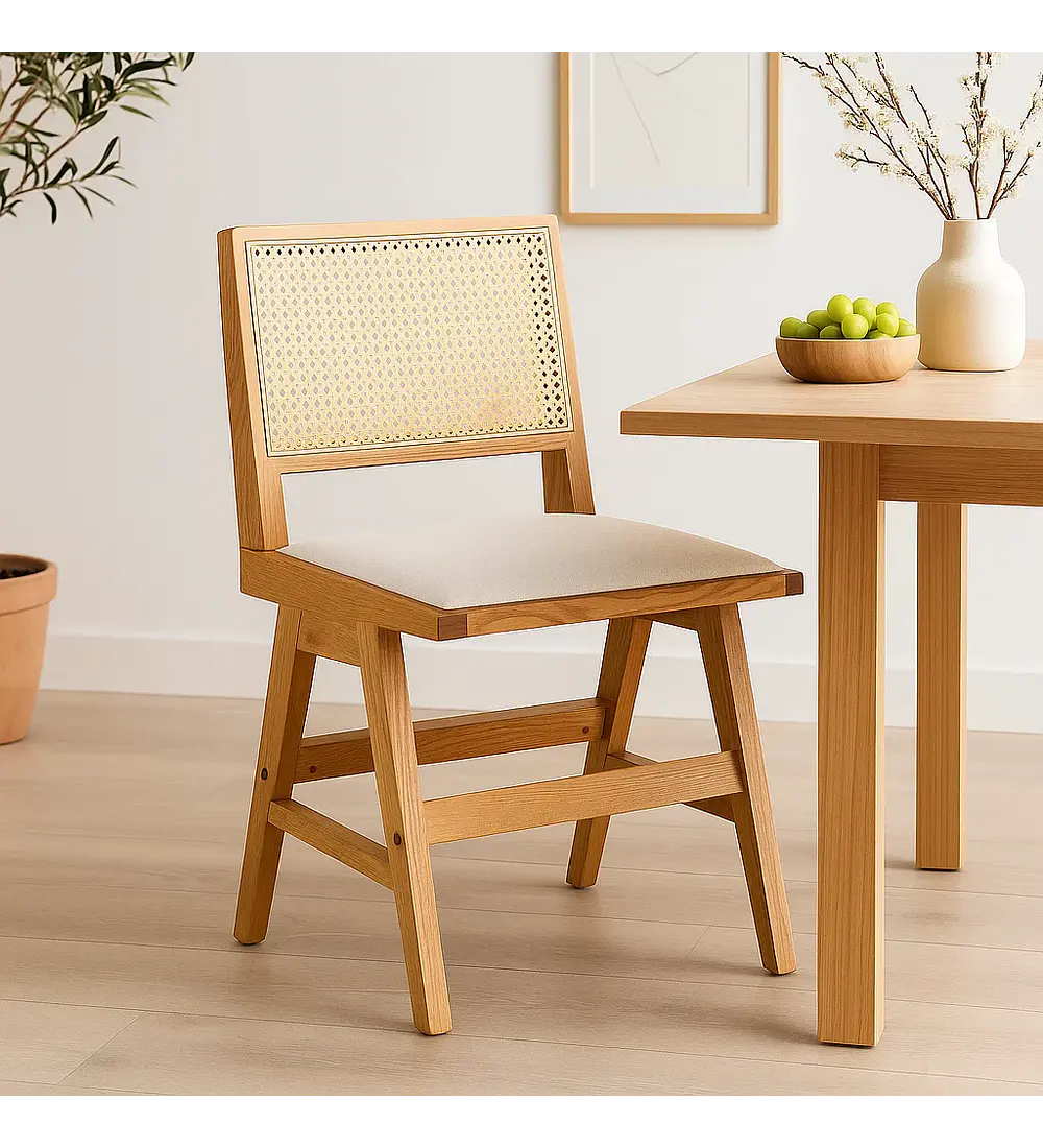 Silla Aura de Rattan con Asiento de Tela - Natural Beige