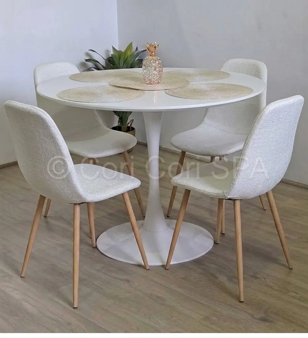 Comedor Tulip 100cms + 4 Sillas Scoop Lino