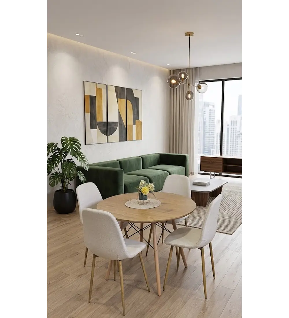 Comedor Mesa Wood 100cm + 4 Sillas Scoop Lino