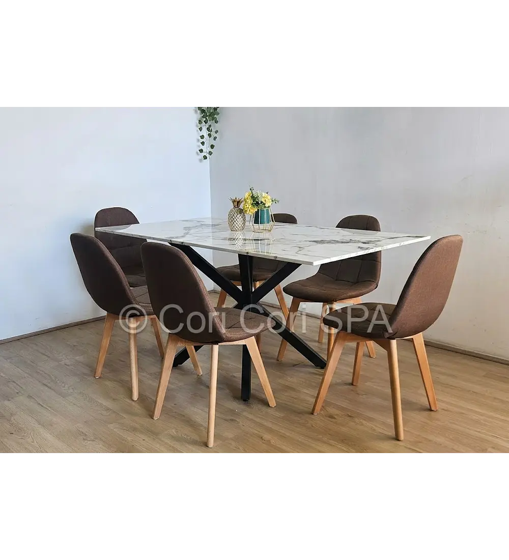 Comedor Madrid Stone Black + 6 Sillas Capitonne Lino