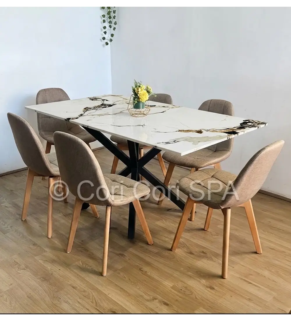Comedor Madrid Stone Black + 6 Sillas Capitonne Lino