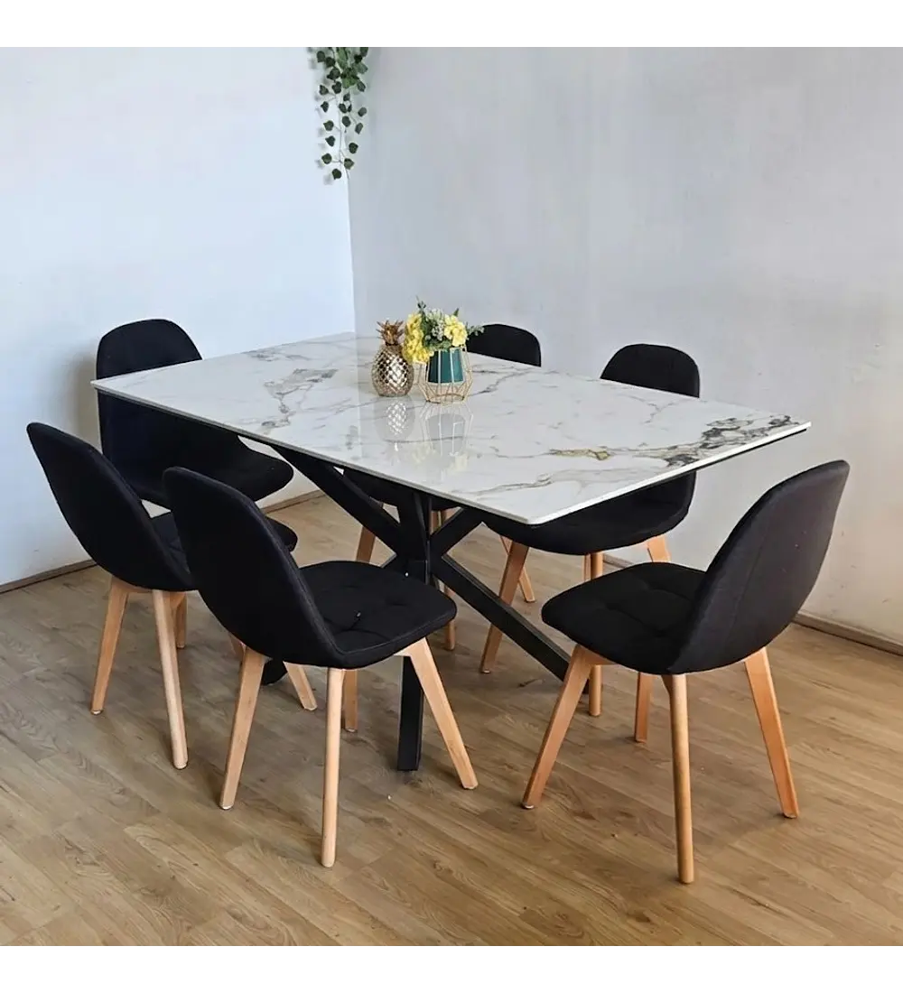 Comedor Madrid Stone Black + 6 Sillas Capitonne Lino