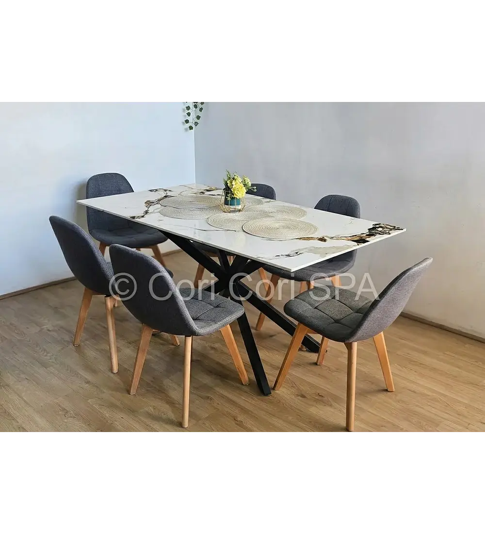 Comedor Madrid Stone Black + 6 Sillas Capitonne Lino