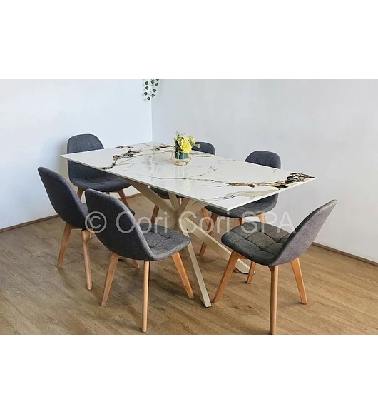 Comedor Madrid Stone Wood + 6 Sillas Capitonne Lino