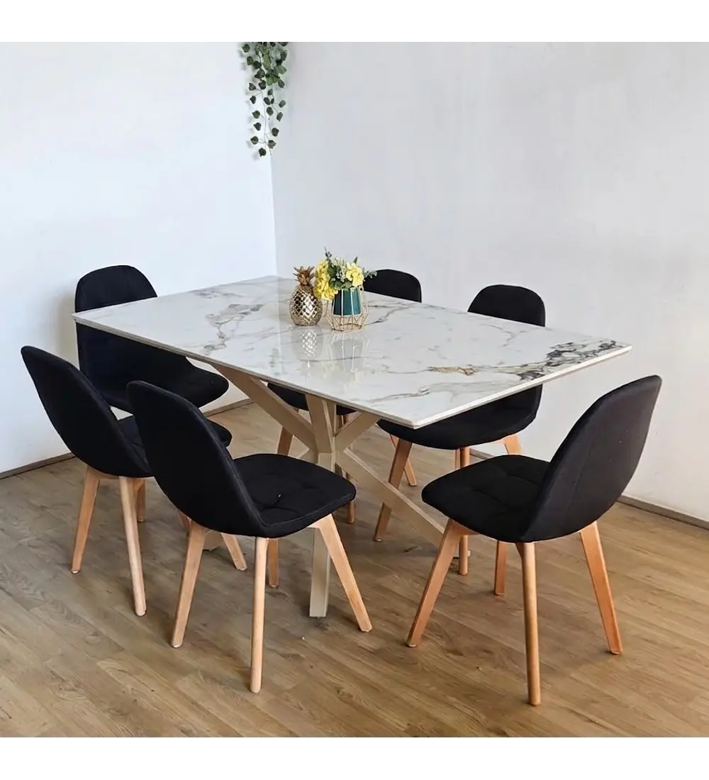 Comedor Madrid Stone Wood + 6 Sillas Capitonne Lino