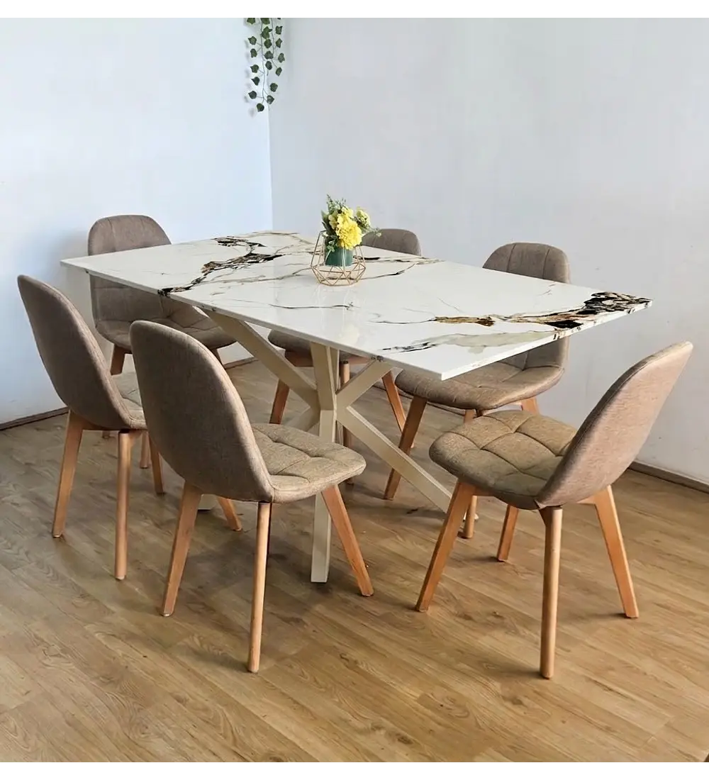 Comedor Madrid Stone Wood + 6 Sillas Capitonne Lino