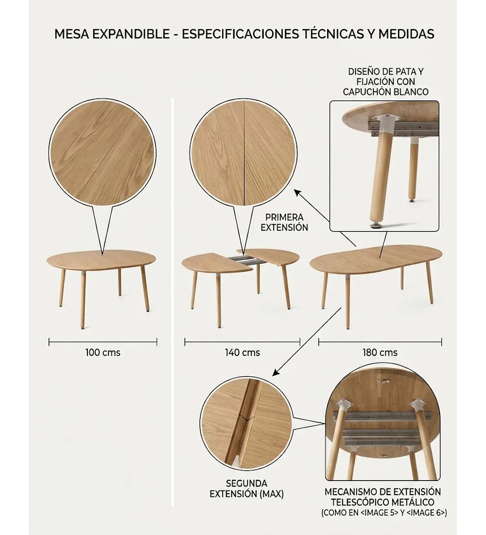 Comedor Mesa Expandible (100 - 180cms) + Sillas Tulip