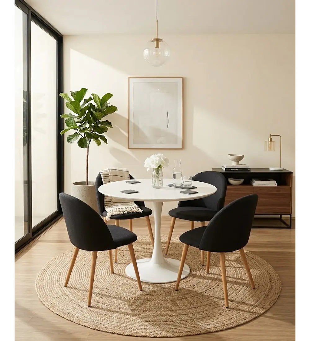 Comedor Mesa Tulip 100cms Blanca + 4 Sillas Bread Lino