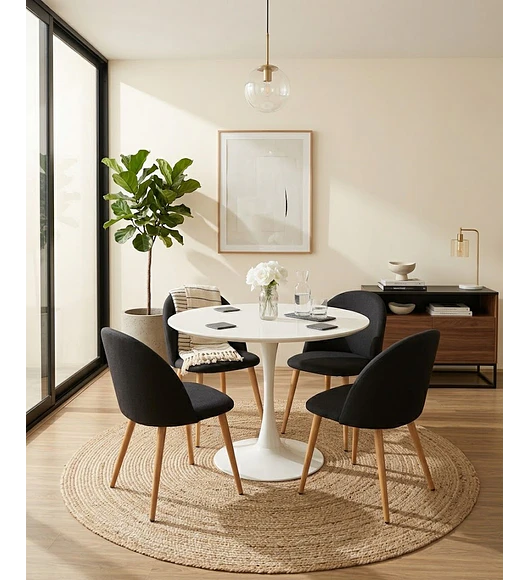 Comedor Mesa Tulip 100cms Blanca + 4 Sillas Bread Lino
