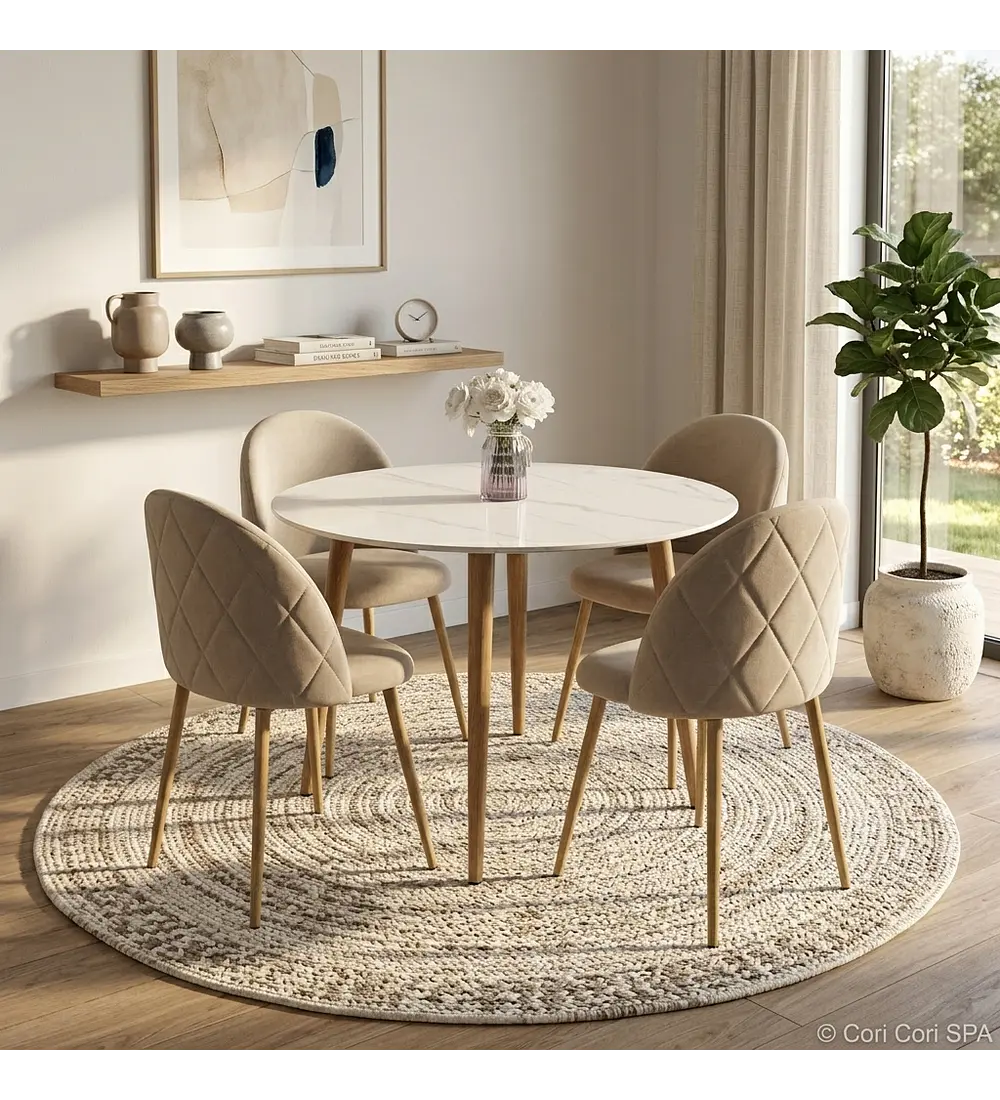 Comedor Mesa Mármol (100cms) + 4 Sillas Bread Lino Wood