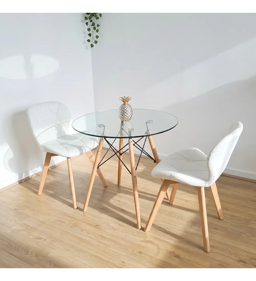 Comedor Mesa 80cms Vidrio + 2 Sillas Mariposa Wood