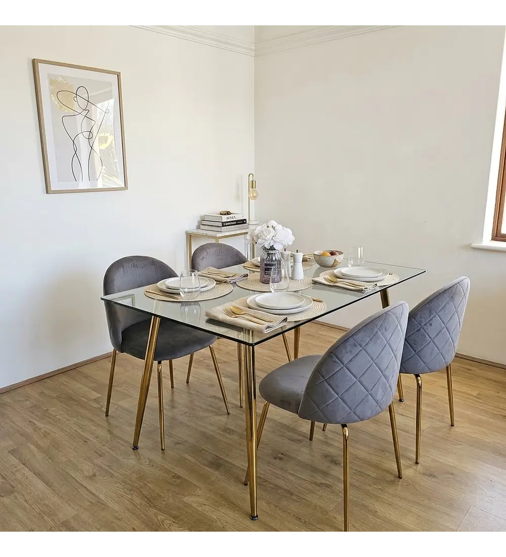 Comedor Rubi Gold 160x90cms  + 4 Sillas Bread Gold Velvet 