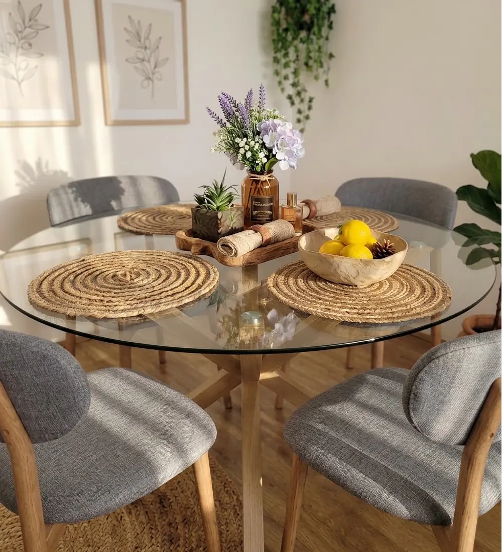 Comedor Mesa Warwick Vidrio + 4 Sillas Cloud Lino