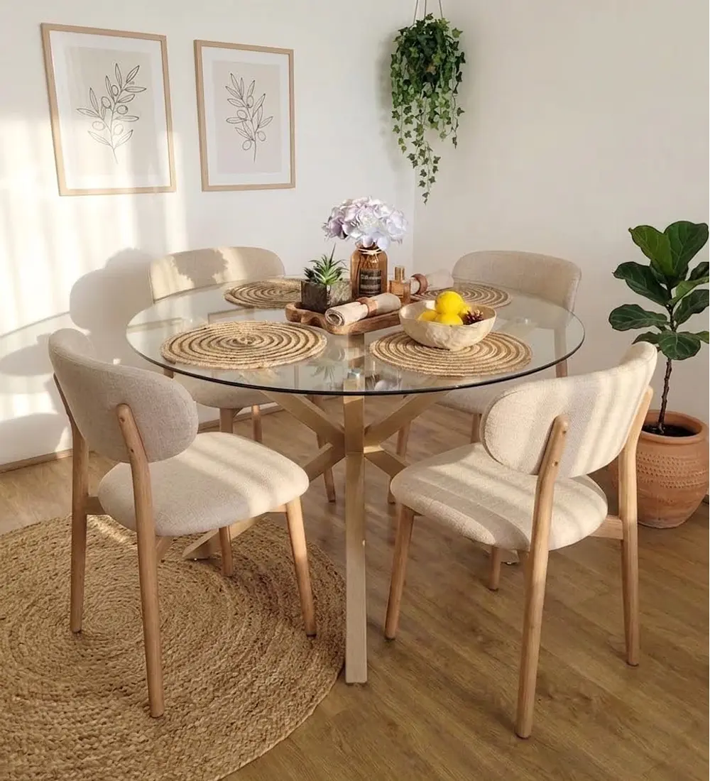 Comedor Mesa Warwick Vidrio + 4 Sillas Cloud Lino