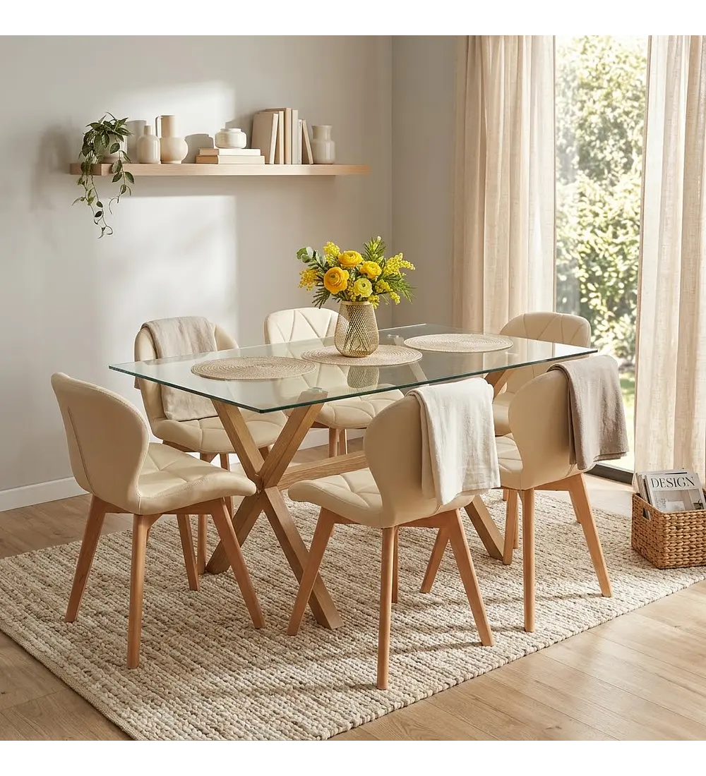Comedor Medlock 140x90cms + 6 Sillas Mariposa Ecocuero Wood
