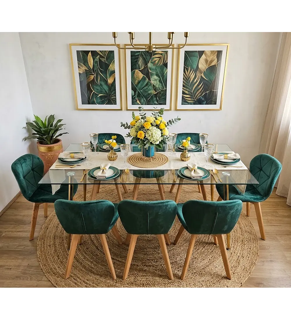 Comedor Rubi Gold 160x80cms  + 8 Sillas Mariposa Velvet 