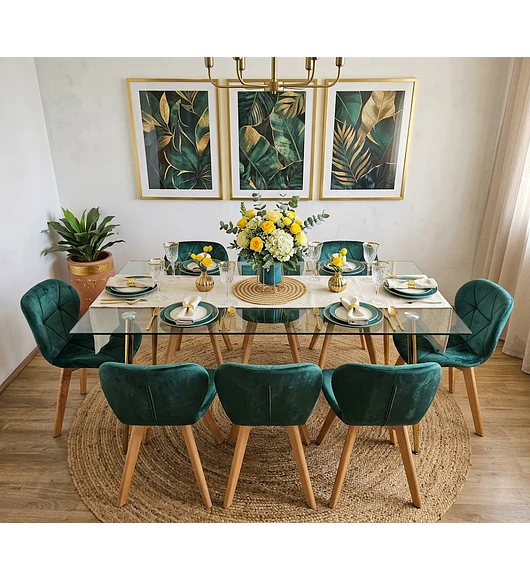 Comedor Rubi Gold 160x80cms  + 8 Sillas Mariposa Velvet 