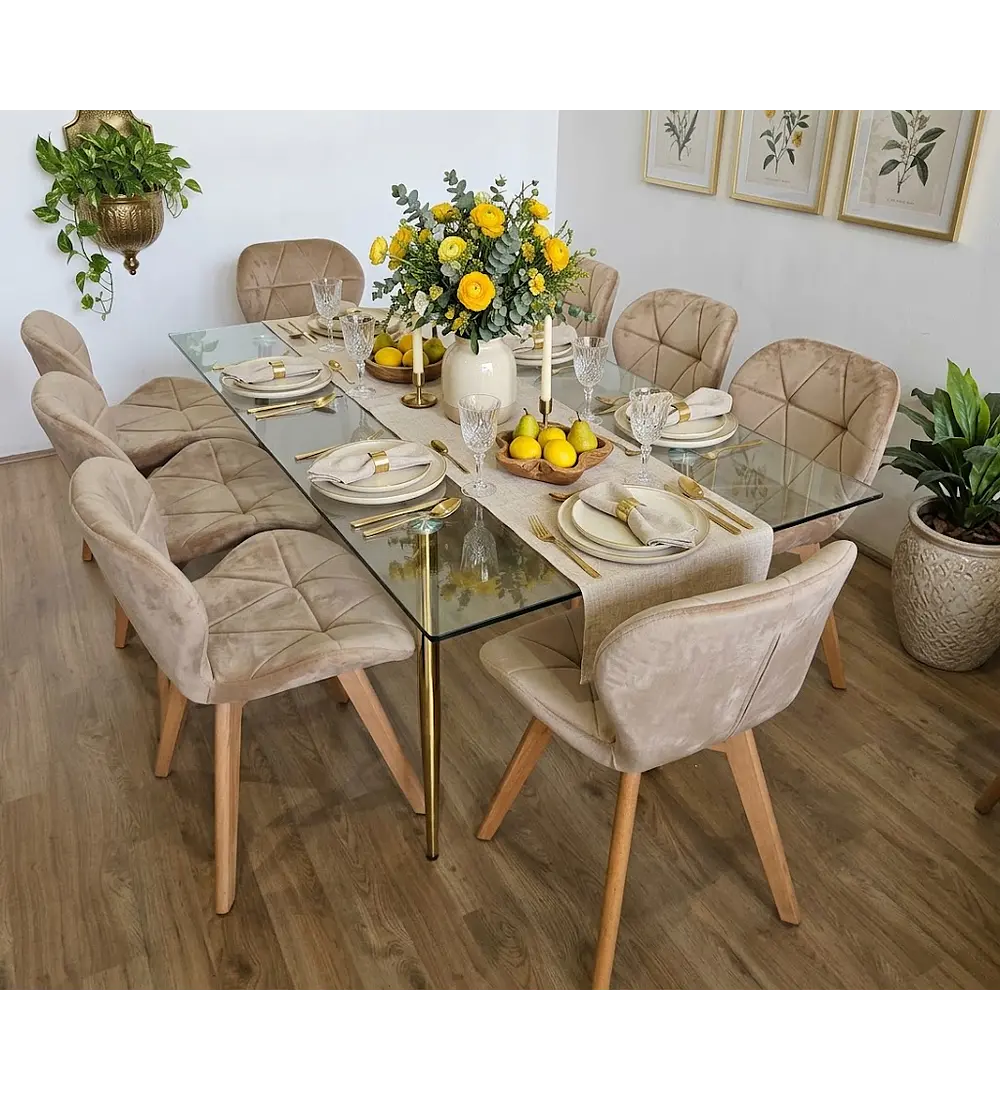 Comedor Rubi Gold 160x80cms  + 8 Sillas Mariposa Velvet 