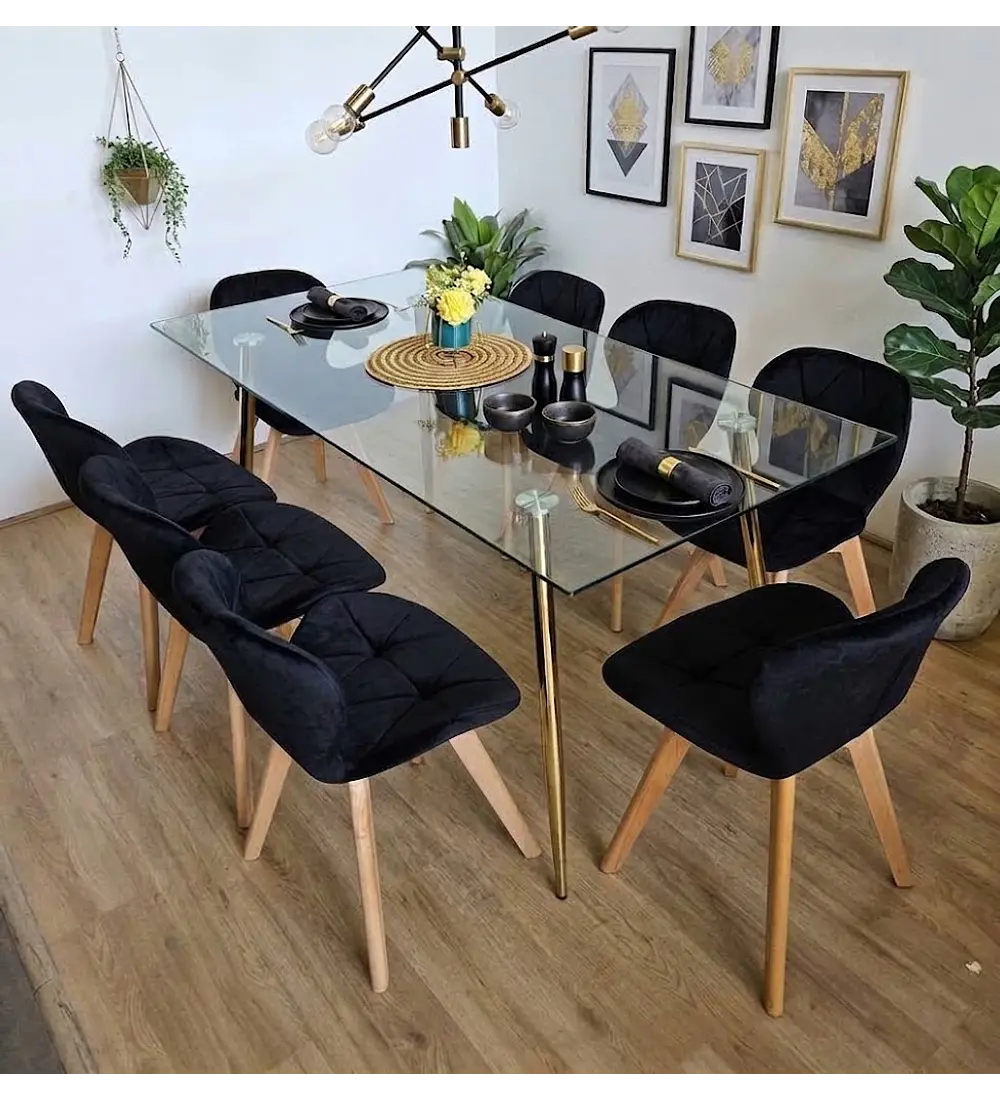 Comedor Rubi Gold 160x80cms  + 8 Sillas Mariposa Velvet 