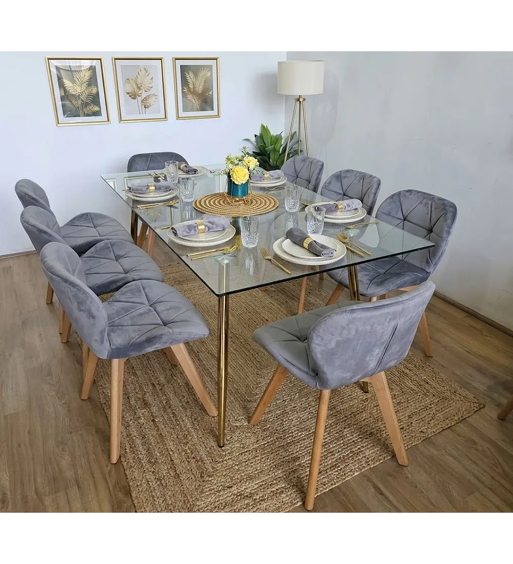 Comedor Rubi Gold 160x80cms  + 8 Sillas Mariposa Velvet 
